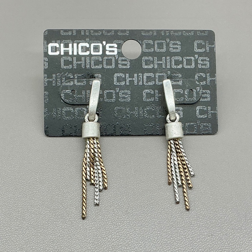 Chico's Tassel Drop Earrings Womens Silver Gold Tone Mixed Metal Chain Fringe